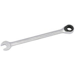 The Draper Elora Metric Ratcheting Combination Spanner, 9mm - 204-9, is a silver wrench made of durable chrome vanadium steel, featuring an open-end on one side and an ELO-Drive ring end on the other. It is designed for tightening and loosening bolts and nuts.