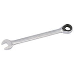 The Draper Elora Metric Ratcheting Combination Spanner, 12mm - 204-12, features a silver finish with an open end on one side and a 72-teeth ratcheting mechanism accompanied by an ELO-Drive ring box end on the other.