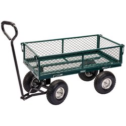 The Draper Steel Mesh Garden Trolley Cart - GMC from Draper is a green metal mesh utility cart with fold-down sides, showcasing four heavy-duty black tires and a sturdy black handle for effortless pulling.