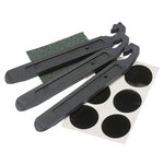 The Draper Bicycle Puncture Repair Kit - BK-PRK includes three black nylon tyre levers, a piece of sandpaper, and black circular tyre repair patches for efficient bicycle tire puncture repairs.