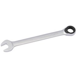 This Draper Elora Metric Ratcheting Combination Spanner, 17mm - 204-17, is crafted from chrome vanadium steel and features an open-ended side with an ELO-Drive ring on the other.