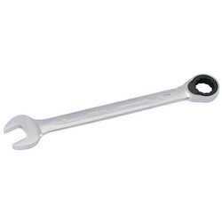 The Draper Elora Metric Ratcheting Combination Spanner, 18mm - 204-18, is a silver wrench made from durable chrome vanadium steel. It features an open end on one side and a 15° ratcheting mechanism ELO-Drive box end on the other.