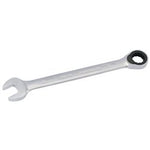 The Draper Elora Metric Ratcheting Combination Spanner, 18mm - 204-18, is a silver wrench made from durable chrome vanadium steel. It features an open end on one side and a 15° ratcheting mechanism ELO-Drive box end on the other.