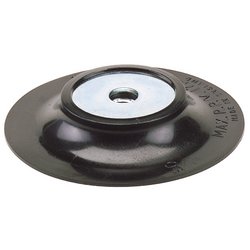 A Draper Grinding Disc Backing Pad, 100mm (APT8), black and silver metal, featuring an embedded nut in the center for attaching to a rotary tool.