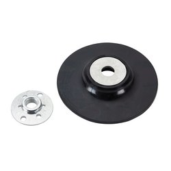 Two metallic discs: a larger one known as the Draper Grinding Disc Backing Pad, 115mm - APT9 with a black rubber base, and a smaller one with multiple holes on a white background.