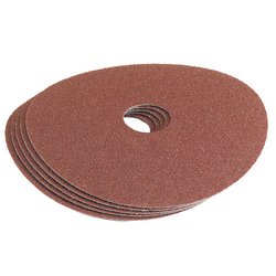 A pack of five Draper Aluminium Oxide Sanding Discs (APT10), featuring durable fibre-backed construction, 80 grit abrasiveness, a central hole, and measuring 115mm in diameter, designed for use with angle grinders.