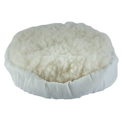 The Draper Lambswool Polishing Bonnet, 180mm - APT17/A by Draper is a round, cushion-like bonnet with a fluffy beige surface and white outer edge, crafted from a cozy wool blend for added comfort.