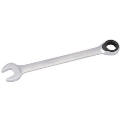 The Draper Elora Metric Ratcheting Combination Spanner, 19mm - 204-19 is crafted from durable chrome vanadium steel and features an open-end on one side and a 72 teeth ratcheting mechanism box-end on the other, specifically designed for tightening and loosening nuts and bolts.