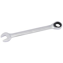 The Draper Imperial Ratcheting Combination Spanner, 13/16" - 204A-13/16, crafted from durable chrome vanadium steel, features an open end on one side and a closed ratcheting ring on the other.