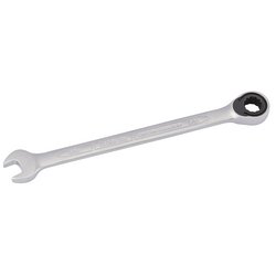 The Draper Imperial Ratcheting Combination Spanner, 5/16" - 204A-5/16, features a silver finish with an open end on one side and an advanced ratcheting mechanism with ELO-Drive ring on the other.