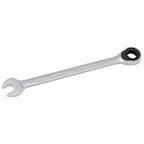The Draper Imperial Ratcheting Combination Spanner, 3/8" - 204A-3/8, is a silver wrench crafted from durable chrome vanadium steel, featuring an open-end on one side and an ELO-Drive ring end with a 72 teeth ratcheting mechanism on the other, perfect for tightening or loosening nuts and bolts.