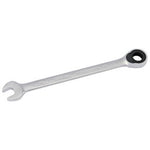 The Draper Imperial Ratcheting Combination Spanner, 3/8" - 204A-3/8, is a silver wrench crafted from durable chrome vanadium steel, featuring an open-end on one side and an ELO-Drive ring end with a 72 teeth ratcheting mechanism on the other, perfect for tightening or loosening nuts and bolts.