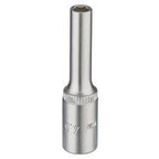 The Draper Elora Deep Socket, a 1/4" square drive socket with a 4.5mm hexagonal opening, made of durable chrome vanadium steel for fastening nuts or bolts, is shown against a plain white background.