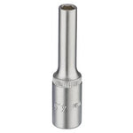 The Draper Elora Deep Socket, a 1/4" square drive socket with a 4.5mm hexagonal opening, made of durable chrome vanadium steel for fastening nuts or bolts, is shown against a plain white background.