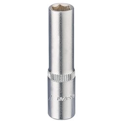 The Draper Elora Deep Socket, 1/4" Sq. Dr., 7mm - 1455-T 7 is a silver socket wrench crafted from durable chrome vanadium steel, featuring a cylindrical shape and grooved middle section, designed with a chamfered end for ease of use.