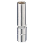 The Draper Elora Deep Socket, 1/4" Sq. Dr., 7mm - 1455-T 7 is a silver socket wrench crafted from durable chrome vanadium steel, featuring a cylindrical shape and grooved middle section, designed with a chamfered end for ease of use.