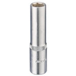 The Draper Elora Deep Socket, 1/4" Sq. Dr., 7mm - 1455-T 7 is a silver socket wrench crafted from durable chrome vanadium steel, featuring a cylindrical shape and grooved middle section, designed with a chamfered end for ease of use.