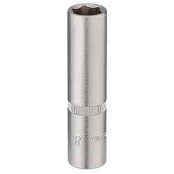 The Draper Elora Deep Socket, 1/4" Sq. Dr., 8mm - 1455-T 8, by Draper, is constructed from durable chrome vanadium steel and includes a knurled ring for improved grip along with built-in corrosion protection.