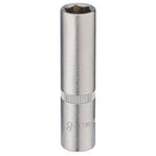 The Draper Elora Deep Socket, 1/4" Sq. Dr., 8mm - 1455-T 8, by Draper, is constructed from durable chrome vanadium steel and includes a knurled ring for improved grip along with built-in corrosion protection.
