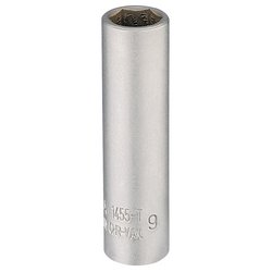 The Draper Elora Deep Socket 1/4" Sq. Dr., 9mm - 1455-T 9, is a silver, cylindrical metal socket wrench head crafted from chrome vanadium steel, marked with "1455-T 9", and features a chamfered end for easy application.