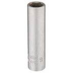 The Draper Elora Deep Socket 1/4" Sq. Dr., 9mm - 1455-T 9, is a silver, cylindrical metal socket wrench head crafted from chrome vanadium steel, marked with "1455-T 9", and features a chamfered end for easy application.