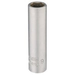 The Draper Elora Deep Socket 1/4" Sq. Dr., 9mm - 1455-T 9, is a silver, cylindrical metal socket wrench head crafted from chrome vanadium steel, marked with "1455-T 9", and features a chamfered end for easy application.