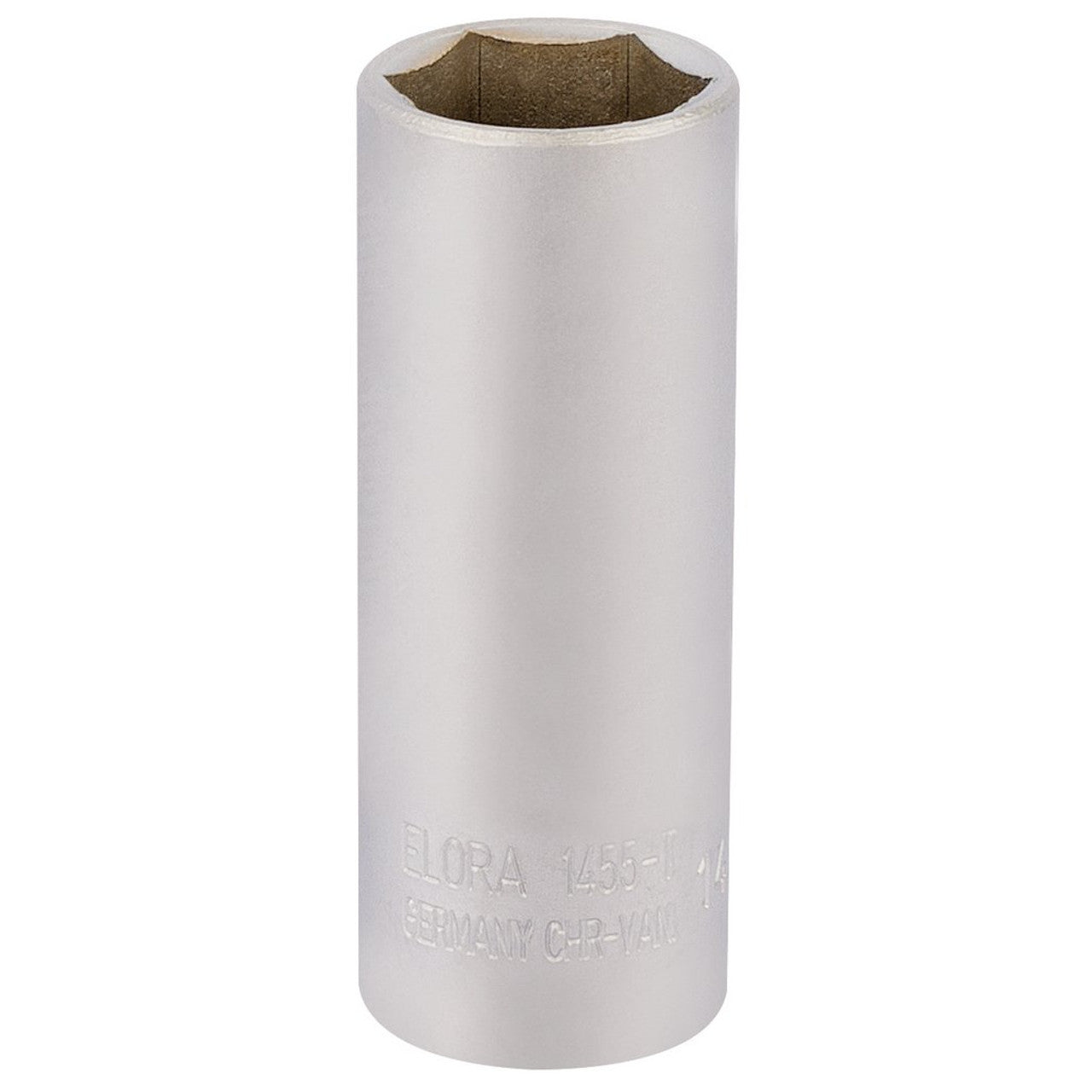 The Draper Elora Deep Socket, 1/4" square drive and 14mm size, labeled "Draper Elora 1455-T 14," is constructed from durable chrome vanadium steel. Featuring a hexagonal opening at the top, this high-quality tool ensures long-lasting performance and meets DIN 3124/ISO 2725 standards for corrosion protection.