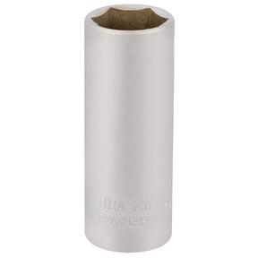 The Draper Elora Deep Socket, 1/4" square drive and 14mm size, labeled "Draper Elora 1455-T 14," is constructed from durable chrome vanadium steel. Featuring a hexagonal opening at the top, this high-quality tool ensures long-lasting performance and meets DIN 3124/ISO 2725 standards for corrosion protection.