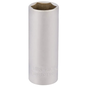 The Draper Elora Deep Socket, 1/4" square drive and 14mm size, labeled "Draper Elora 1455-T 14," is constructed from durable chrome vanadium steel. Featuring a hexagonal opening at the top, this high-quality tool ensures long-lasting performance and meets DIN 3124/ISO 2725 standards for corrosion protection.