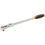 The Draper Elora Quick Release Soft Grip Ratchet With Flexible Head, 1/2" Sq. Dr., 430mm - 770-L115GF is a metal ratchet wrench made from durable chrome vanadium steel. It features a long silver handle with a black grip and a yellow button for adjusting the flexible head mechanism. The ratchet has 32 teeth and includes a quick release mechanism for added convenience.