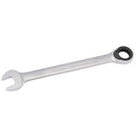 The Draper Imperial Ratcheting Combination Spanner, 11/16" - 204A-11/16, is a high-quality metallic wrench made from durable chrome vanadium steel. It features a 15° open end on one side and an ELO-Drive ratcheting box-end on the other, making it ideal for tightening or loosening nuts and bolts.