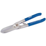 The Draper Straight Tinman's Shears, 200mm - 1596A, with blue handles, feature high carbon steel blades that are induction hardened for enhanced durability and a no-nip design. The tool prominently displays the Draper brand name.