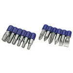 The Draper Impact Screwdriver Bit Set (12 Piece) - 2800M/12 by Draper includes various tip shapes such as flathead, Phillips, Torx, and 8mm hexagon shank bits, all neatly organized in two blue holders.