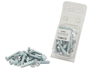 A plastic pack of metric setscrews and nuts, with some bolts and nuts spilled out in the foreground. The package label indicates the contents are Sparex M6x30mm stainless steel bolts.