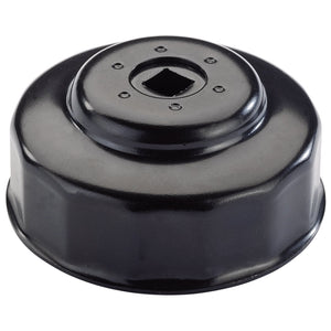 The Draper Oil Filter Socket for Audi, BMW, Mercedes-Benz, Porsche, and VW - OFS-76MM14F is a black, cylindrical metal oil filter wrench featuring a square center hole and ridged edges, compatible with 3/8" drive oil filter sockets.