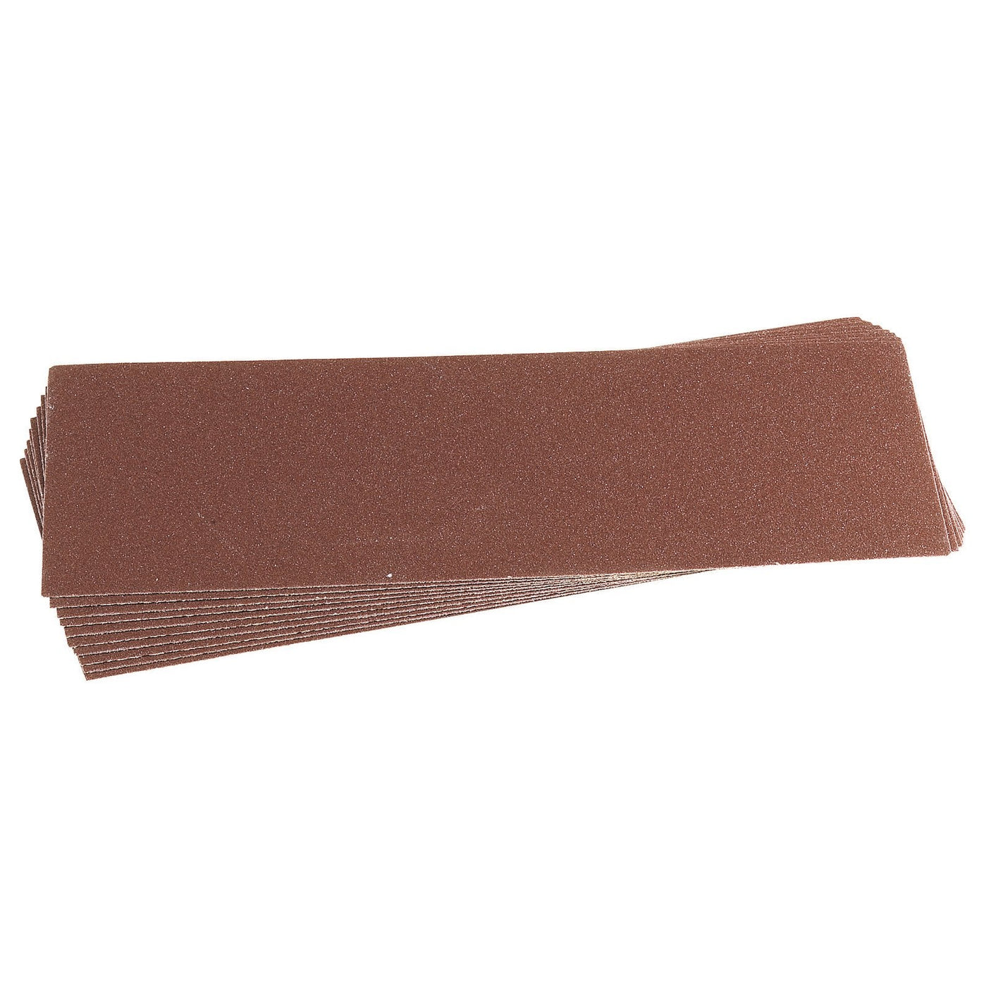 A stack of Draper Assorted Aluminium Oxide Sanding Sheets, 280 x 115mm (Pack of 10) - APT18 is arranged in a slightly fanned-out manner, showcasing an ideal assorted pack for 1/2 sheet sanders with various grit grades.