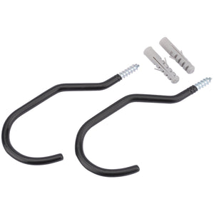 Two Draper Bicycle Storage Hooks (2 Piece) - BK-HOOK1, featuring a black PVC coating with screw ends and matching white wall plugs, are shown; they are designed to protect cycle paint.