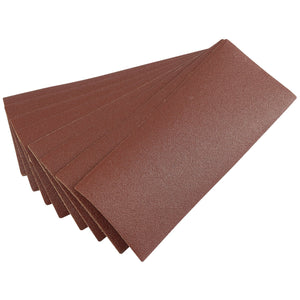 A stack of Draper Aluminium Oxide Sanding Sheets, measuring 232 X 92mm and featuring a 100 grit, fanned out in a single row, part of a pack of 10.