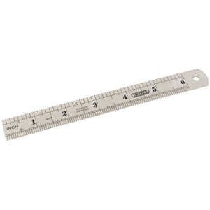 The Draper Steel Rule, 150mm/6" - D17 by Draper is a double-sided stainless steel ruler featuring permanently etched metric and imperial measurements. It displays numbers from 1 through 6 inches along with corresponding centimeter markings. Additionally, it has a hole at one end for hanging and is packaged for display.