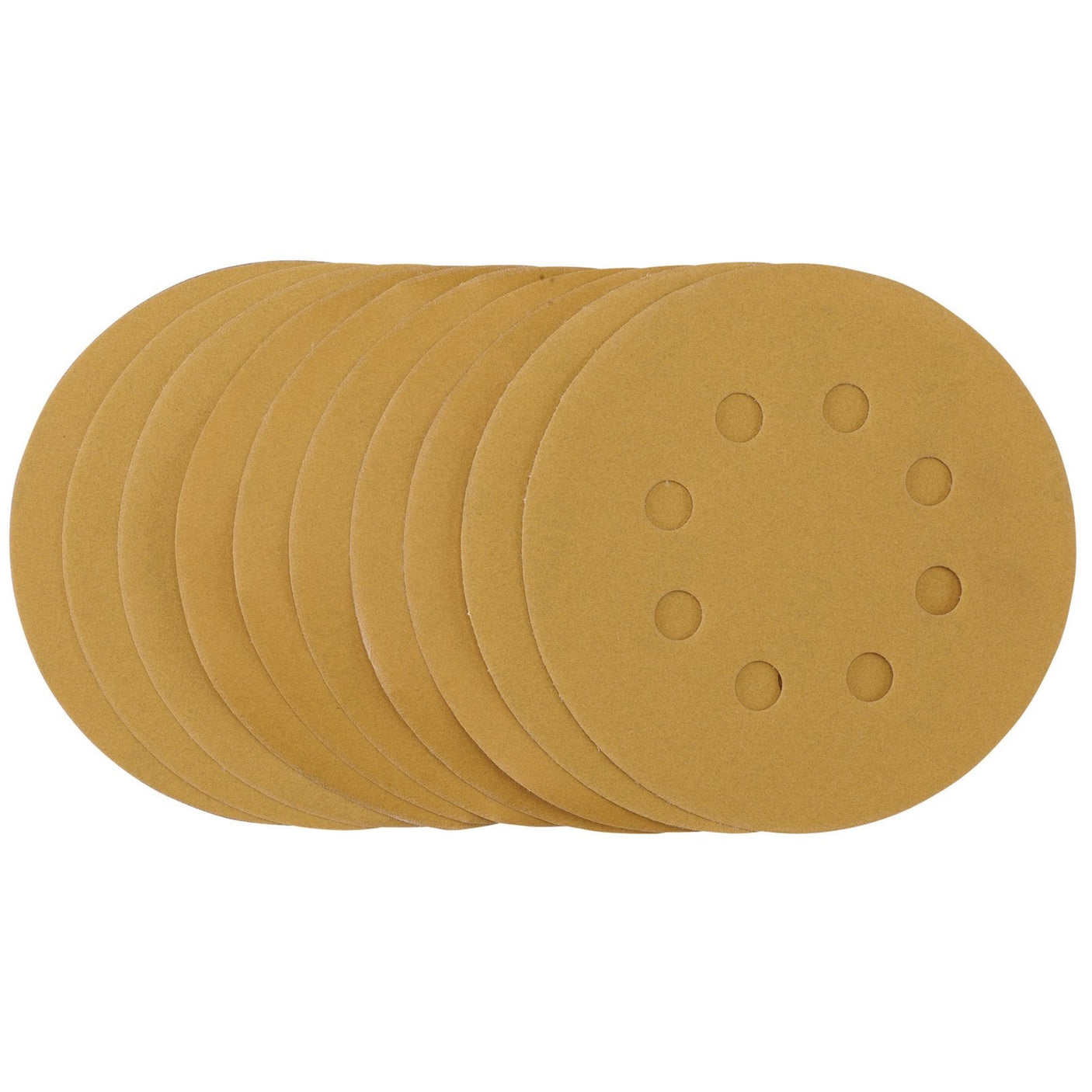 Ten Draper Gold Sanding Discs with Hook & Loop, 125mm in diameter and 320 grit, featuring eight dust extraction holes, are stacked partially overlapping each other. These discs are designed for random orbit sanders and ensure superior anti-clogging performance.