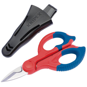 A pair of Draper Knipex 95 05 155Sb Electricians Cable Shears with red and blue handles and stainless steel blades, next to a black plastic protective cover.