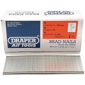 Box and pack of Draper brand brad nails, perfect for your Draper Nailers or Combination Nailer/Staplers. These packs of 5000 brad nails are 38mm in length, 18 gauge. Stock number: BN18G, batch code: BC173321.