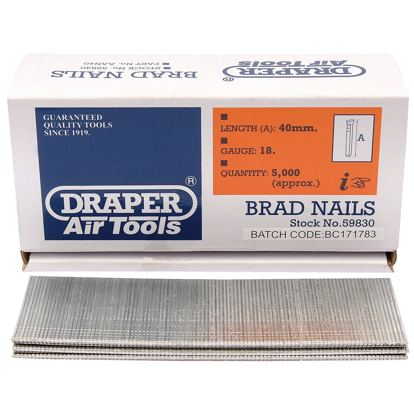 Box of Draper Brad Nails, 40mm, gauge 18, with approximately 5,000 nails. Product Name: Draper Brad Nails, 40mm (Pack Of 5000) - AAN40 from the brand Draper. Stock No. 59830, Batch Code BC171783. Image shows an open box with the nails displayed in front.