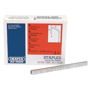 Draper Staples, 8mm (Pack of 10,000) - AAS8 feature a crown width of 5.10mm, a thickness of 0.60mm, and a staple width of 1.12mm. This pack contains approximately 10,000 staples and is compatible with Draper staplers as well as similar models from other manufacturers.