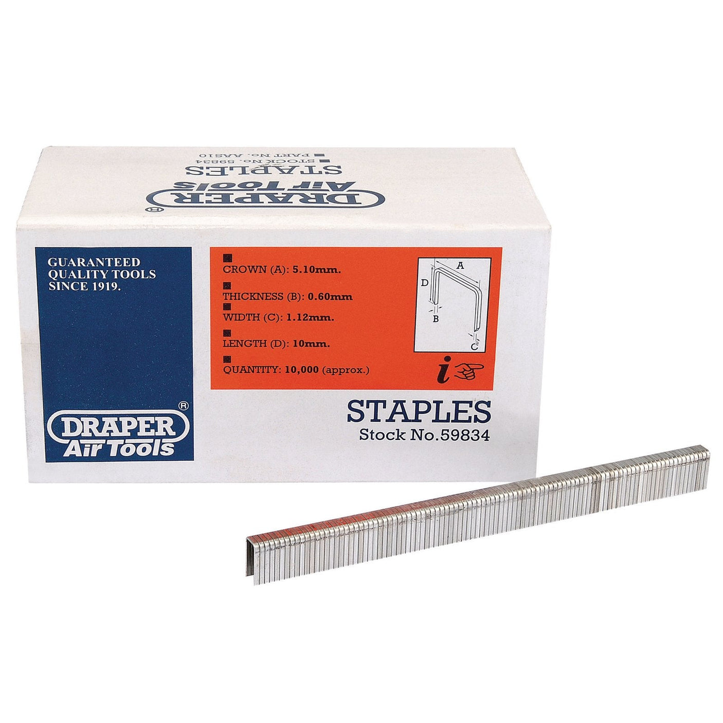 A box of Draper Staples, 10mm (Pack Of 10000) - AAS10 (Brand Name: Draper) next to a strip of staples. The box details the crown size, thickness, width, and length of the staples — perfect for use in similar machines.