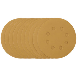 A stack of Draper Gold Sanding Discs With Hook & Loop, 125mm, 400 Grit, featuring eight dust extraction holes in each disc (Pack of 10) - SDHALG125.