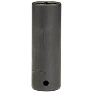 A close-up of the Draper Expert Hi-Torq® Deep Impact Socket, 1/2" Sq. Dr., 18mm (Sold Loose) - 410D-MMB, a cylindrical, dark gray tool made from chrome vanadium steel with a small hole near its base.