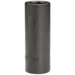 The Draper Expert Hi-Torq® Deep Impact Socket, 1/2" Sq. Dr., 19mm (Sold Loose) - 410D-MMB, is a black socket made from durable chrome vanadium steel, featuring an engraved "19mm" size marking on its side. Perfect for use with air wrenches.