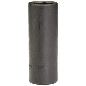 The Draper Expert Hi-Torq® Deep Impact Socket, 1/2" Sq. Dr., 19mm (Sold Loose) - 410D-MMB, is a black socket made from durable chrome vanadium steel, featuring an engraved "19mm" size marking on its side. Perfect for use with air wrenches.