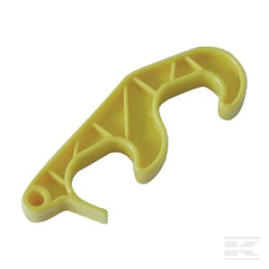 The Double Hook Yellow from Rolly Toys (Part Number 59906000512) is a uniquely curved plastic accessory with a small hole on one end, suitable for ages 3 and up.